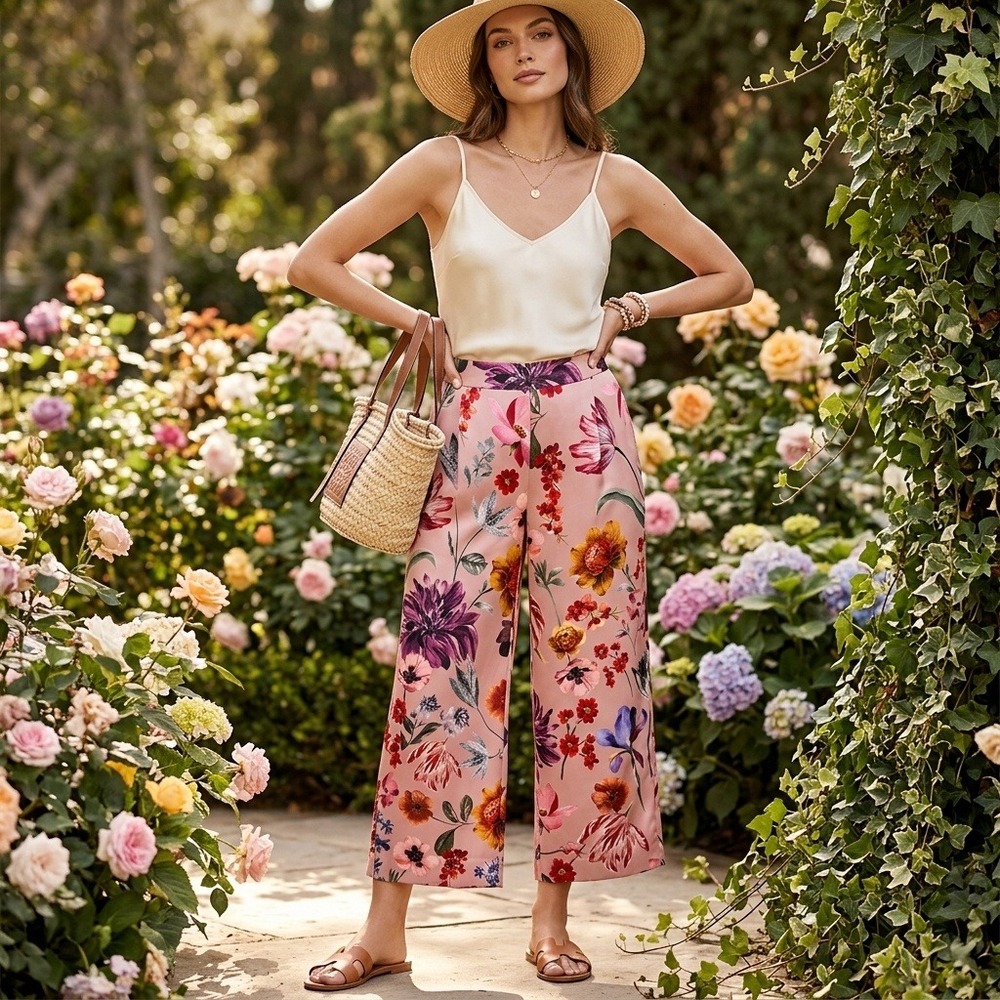 J.Crew Floral Wide Leg Pants Womens 8 Pink Satin Cropped Botanical Garden Party